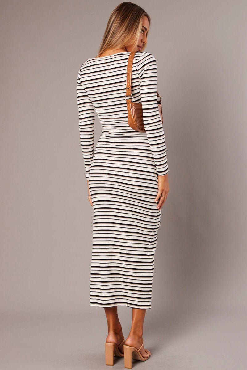 White Stripe Bodycon Dress Long Sleeve for Ally Fashion
