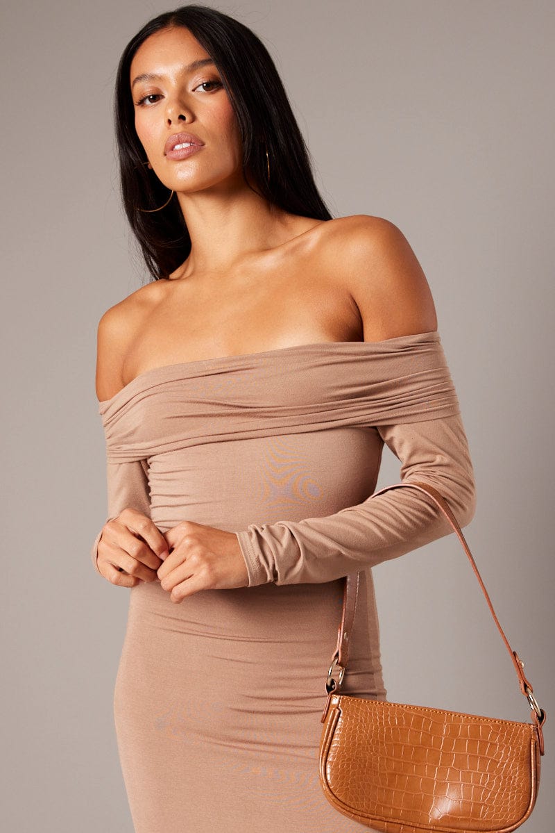 Brown Off Shoulder Dress Long Sleeve  Maxi for Ally Fashion