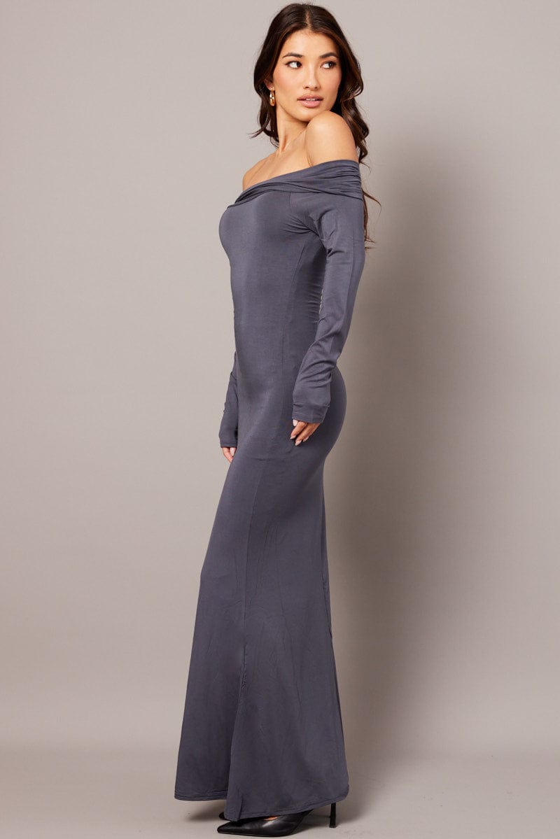 Grey Off Shoulder Dress Long Sleeve  Maxi for Ally Fashion