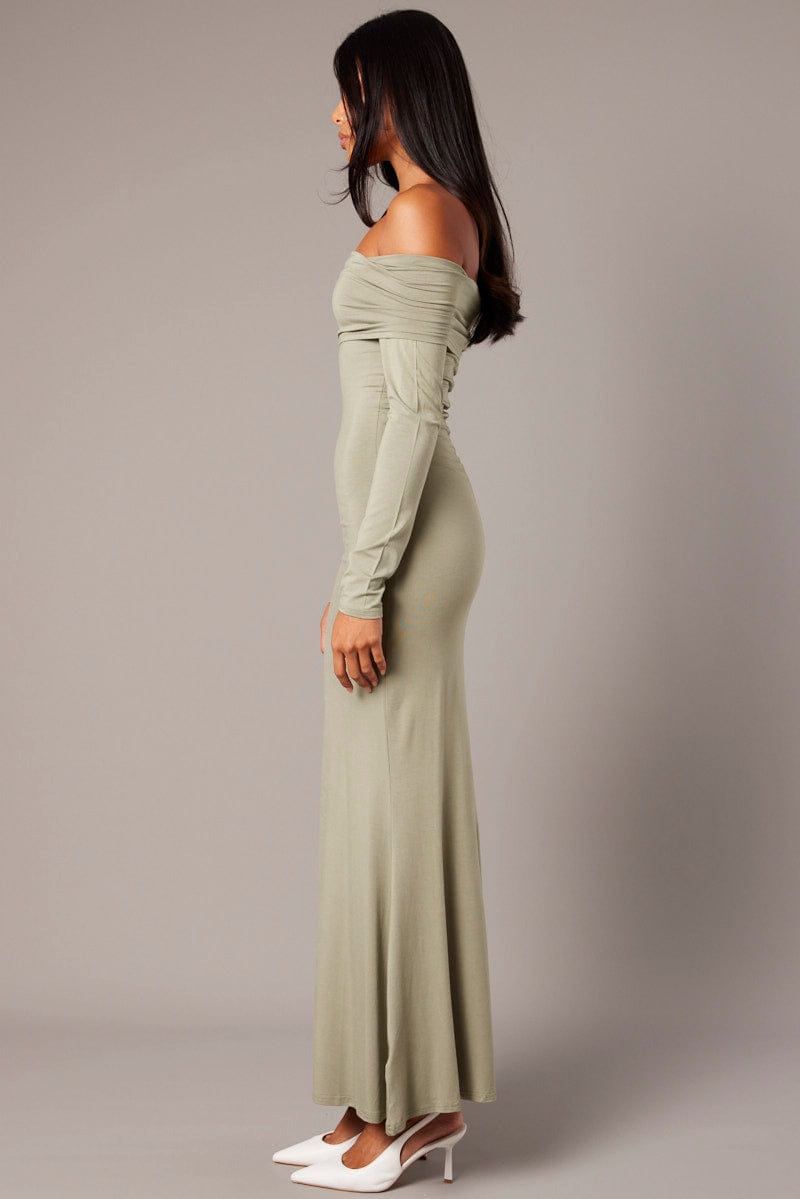 Green Off Shoulder Dress Long Sleeve  Maxi for Ally Fashion