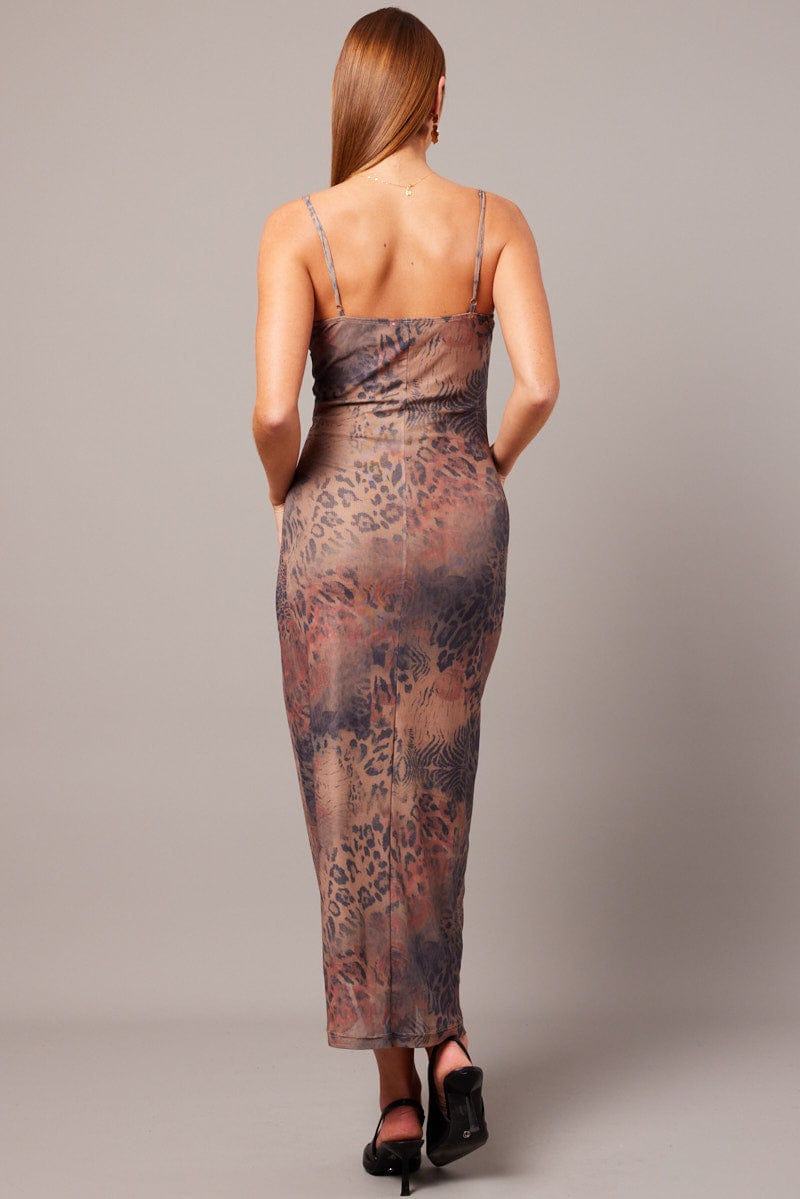 Brown Abstract Bodycon Maxi Dress Singlet for Ally Fashion