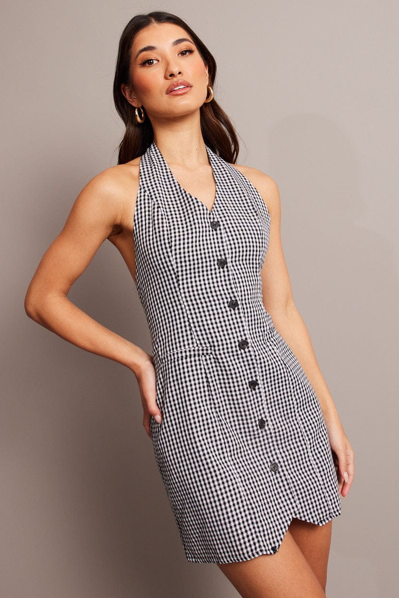 Black Check Halter Neck Dress Mini for Ally Fashion