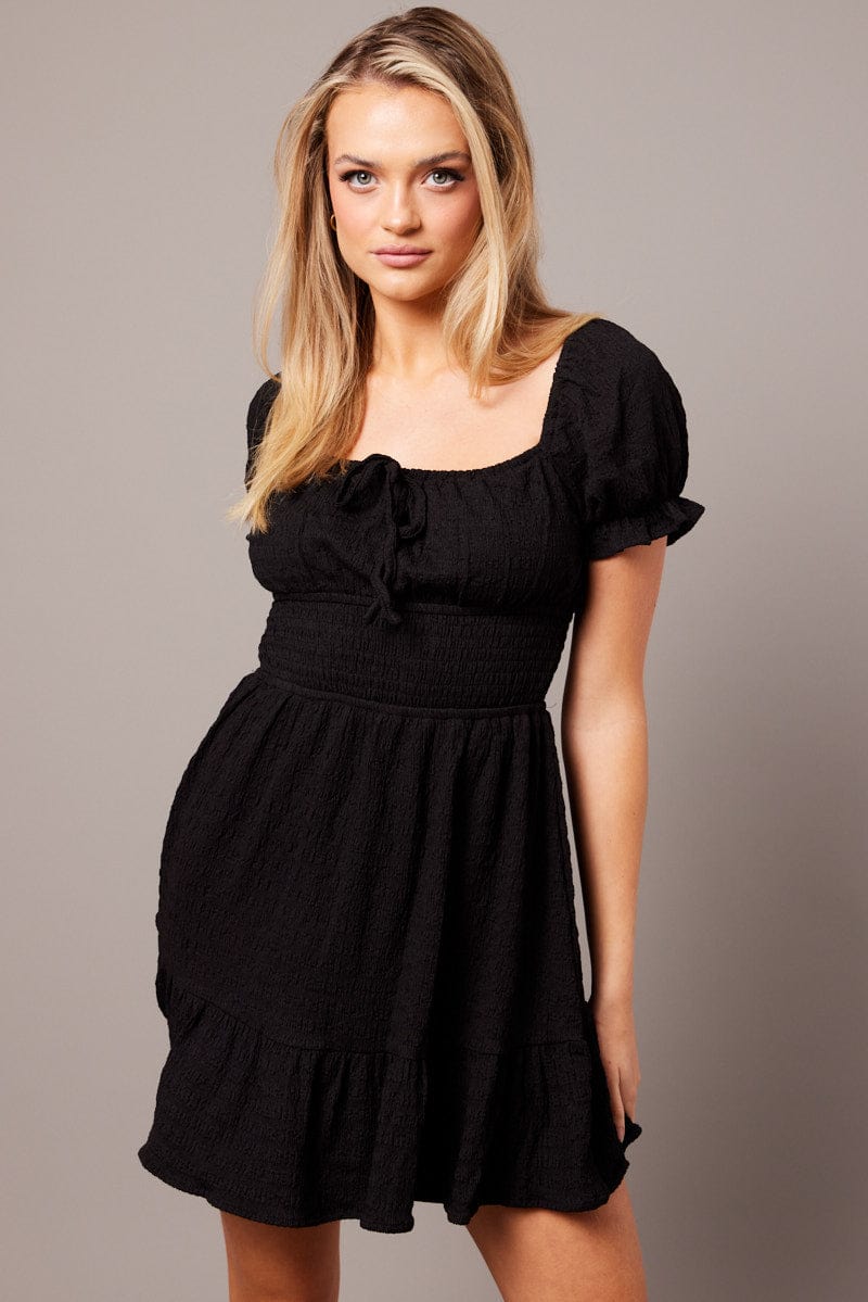 Black Fit And Flare Dress Puff Sleeve Textured fabric for Ally Fashion