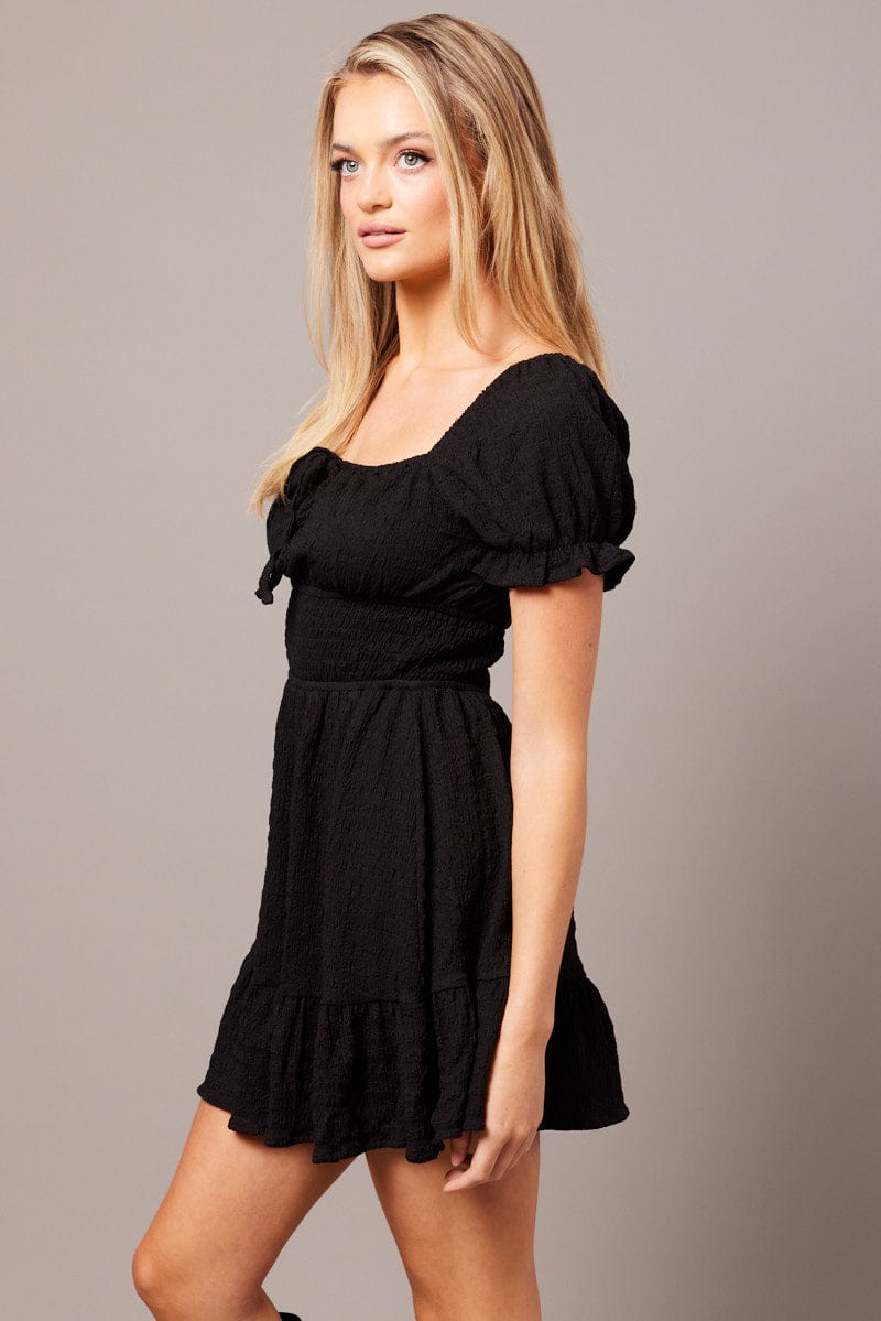 Black Fit And Flare Dress Puff Sleeve Textured fabric for Ally Fashion
