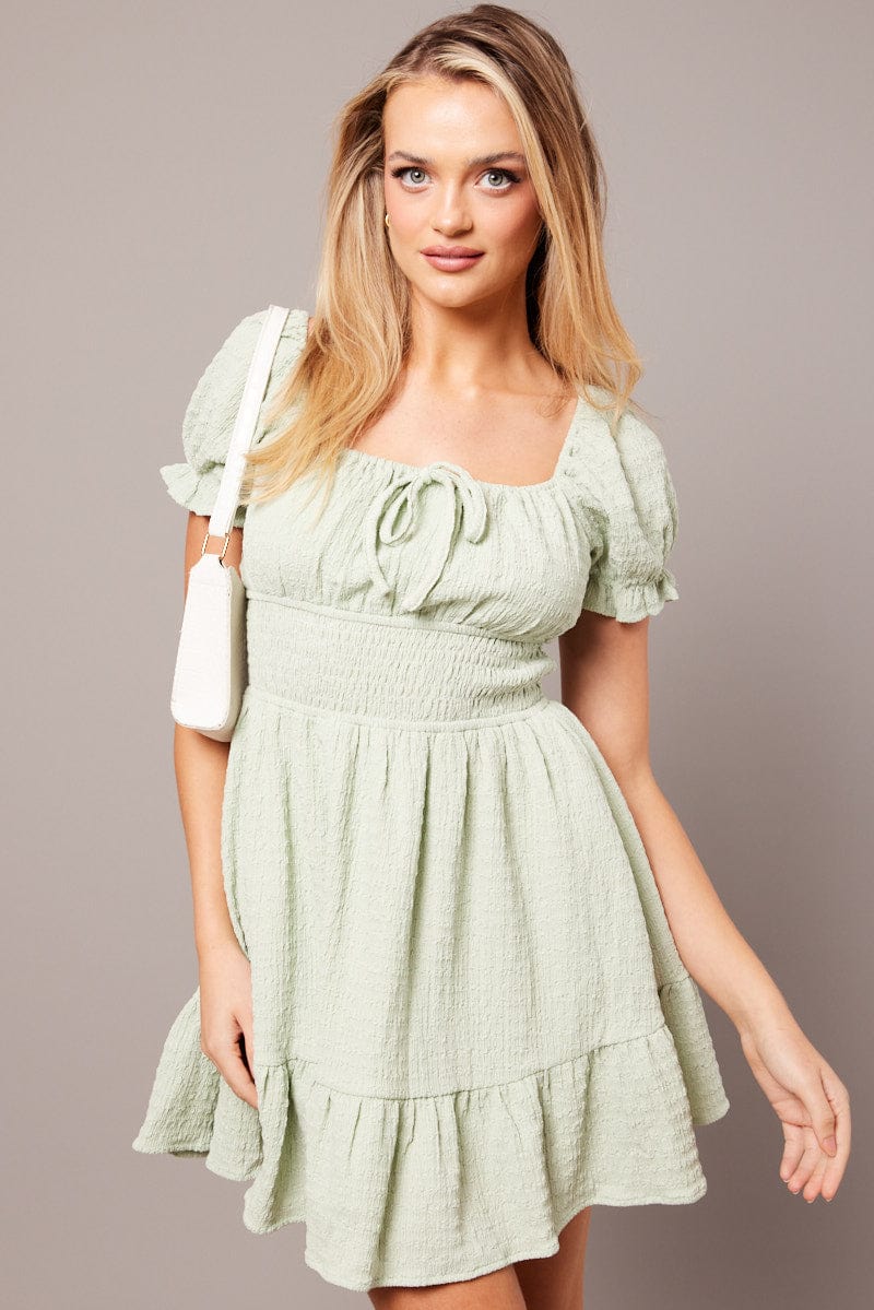 Green Fit And Flare Dress Puff Sleeve Textured fabric for Ally Fashion