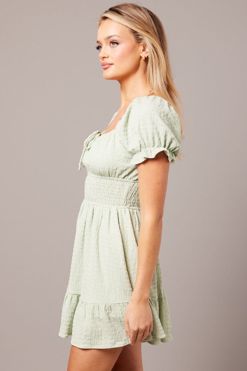 Green Fit And Flare Dress Puff Sleeve Textured fabric for Ally Fashion