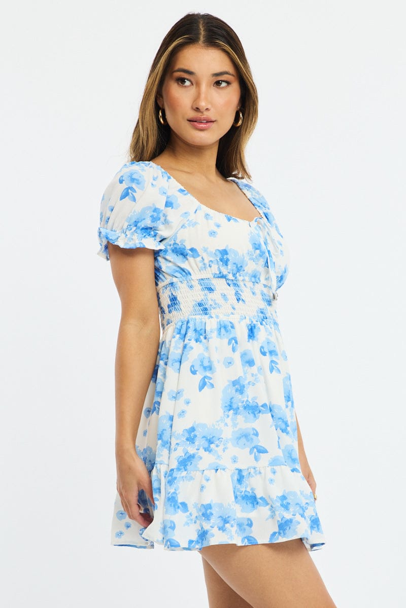 White Floral Fit And Flare Dress Puff Sleeve