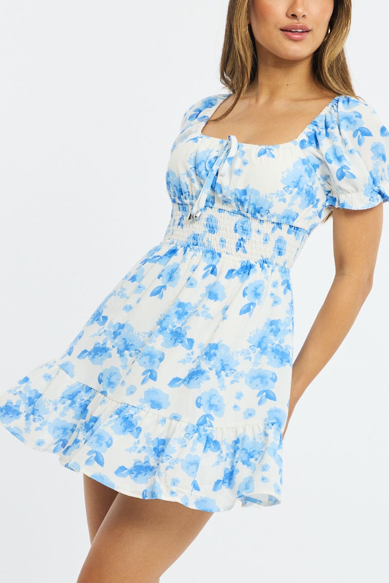 White Floral Fit And Flare Dress Puff Sleeve for Ally Fashion