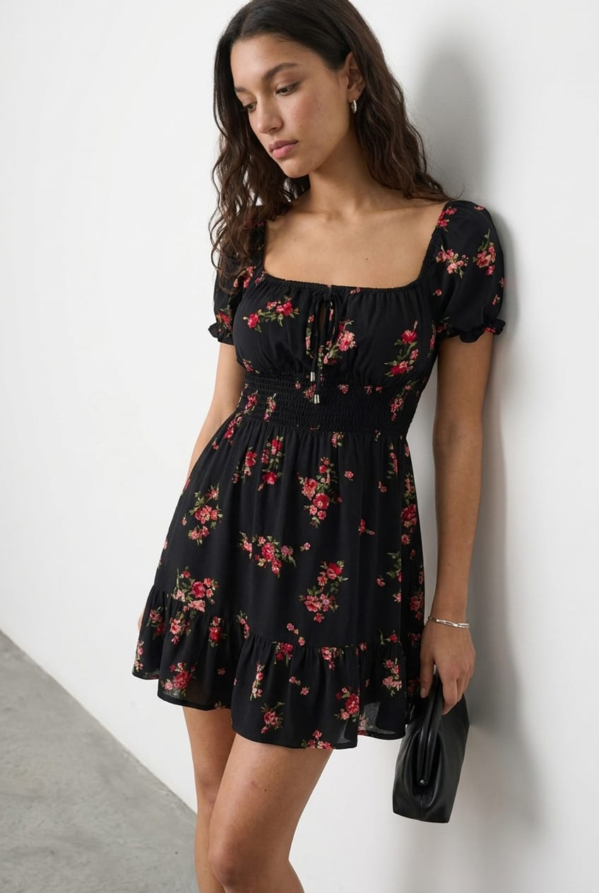 Black Floral Fit And Flare Dress Puff Sleeve for Ally Fashion