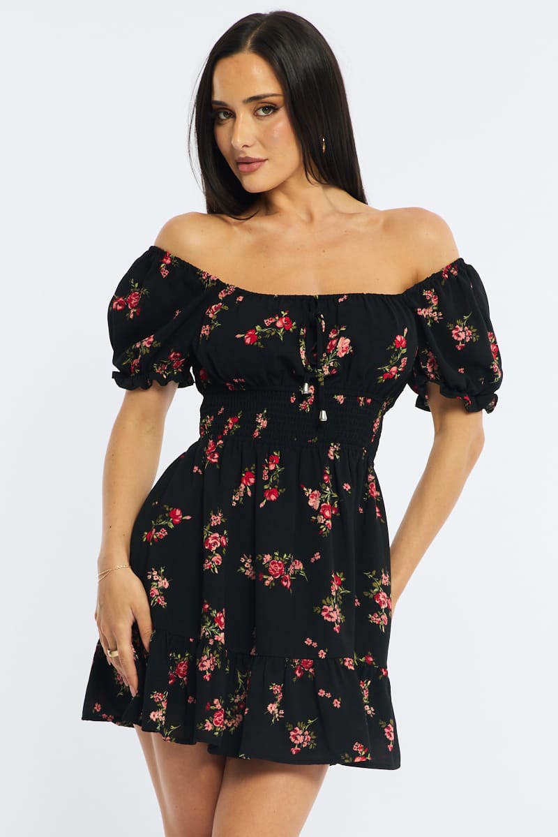 Black Floral Fit And Flare Dress Puff Sleeve for Ally Fashion