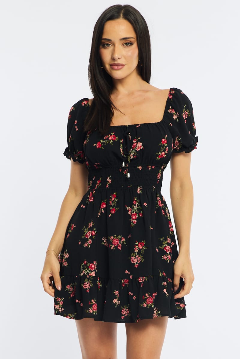 Black Floral Fit And Flare Dress Puff Sleeve for Ally Fashion