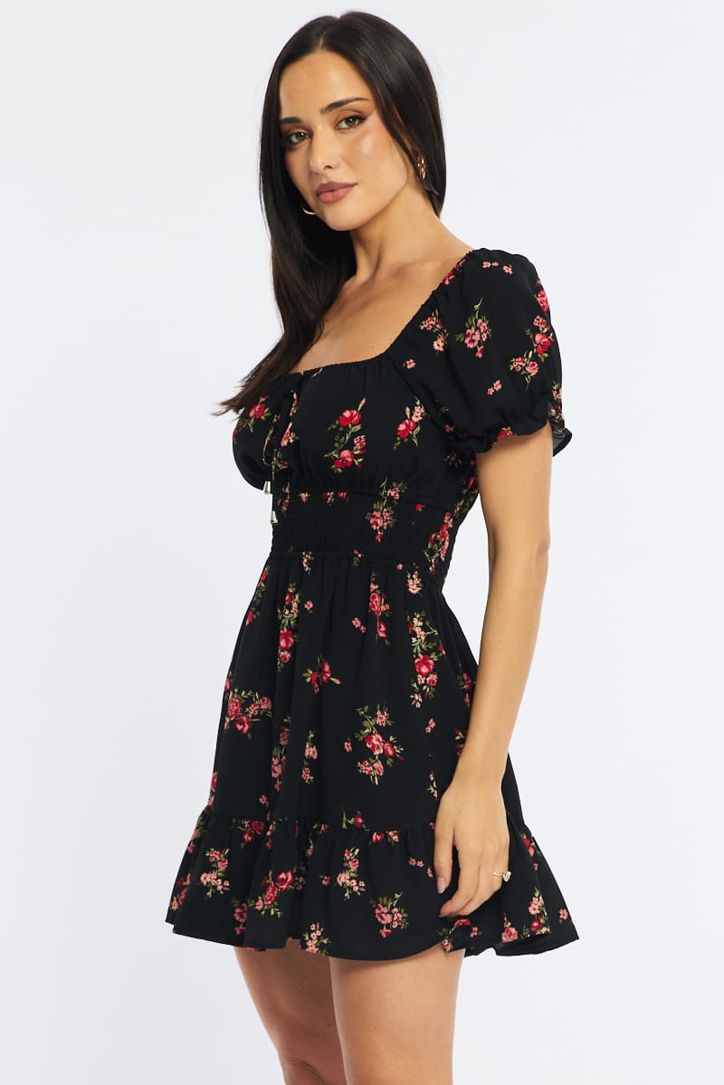 Black Floral Fit And Flare Dress Puff Sleeve for Ally Fashion