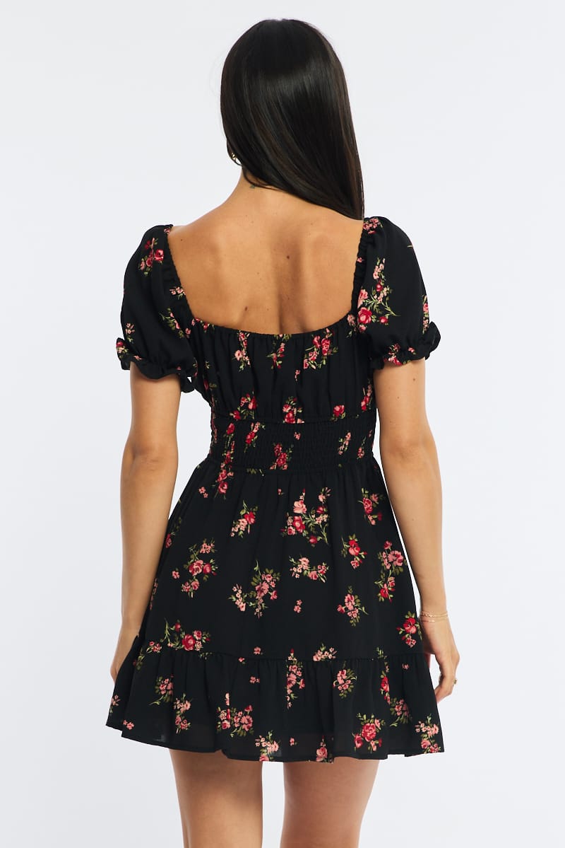 Black Floral Fit And Flare Dress Puff Sleeve for Ally Fashion