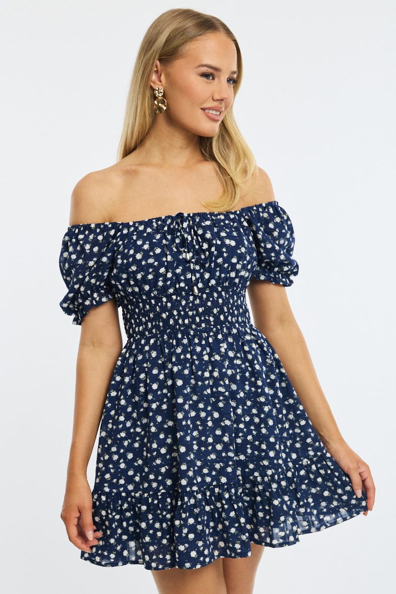 Blue Floral Fit And Flare Dress Puff Sleeve for Ally Fashion