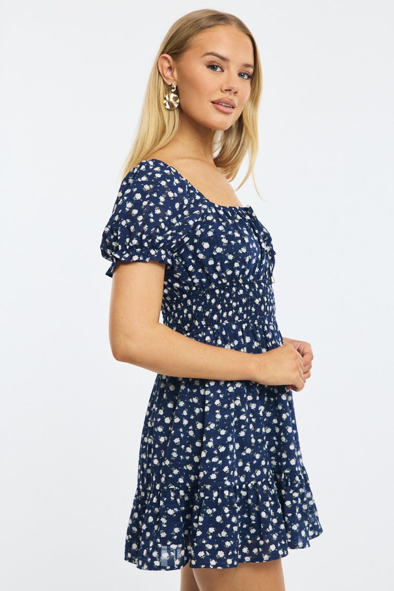 Blue Floral Fit And Flare Dress Puff Sleeve for Ally Fashion