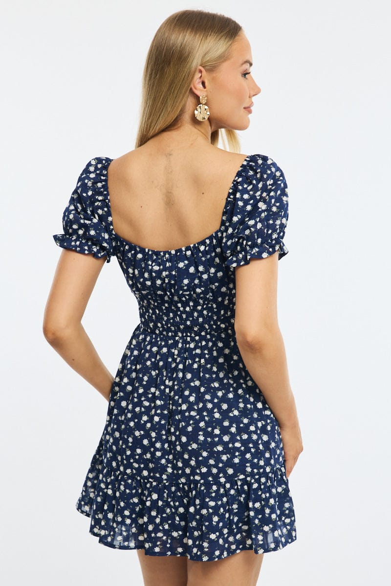 Blue Floral Fit And Flare Dress Puff Sleeve for Ally Fashion