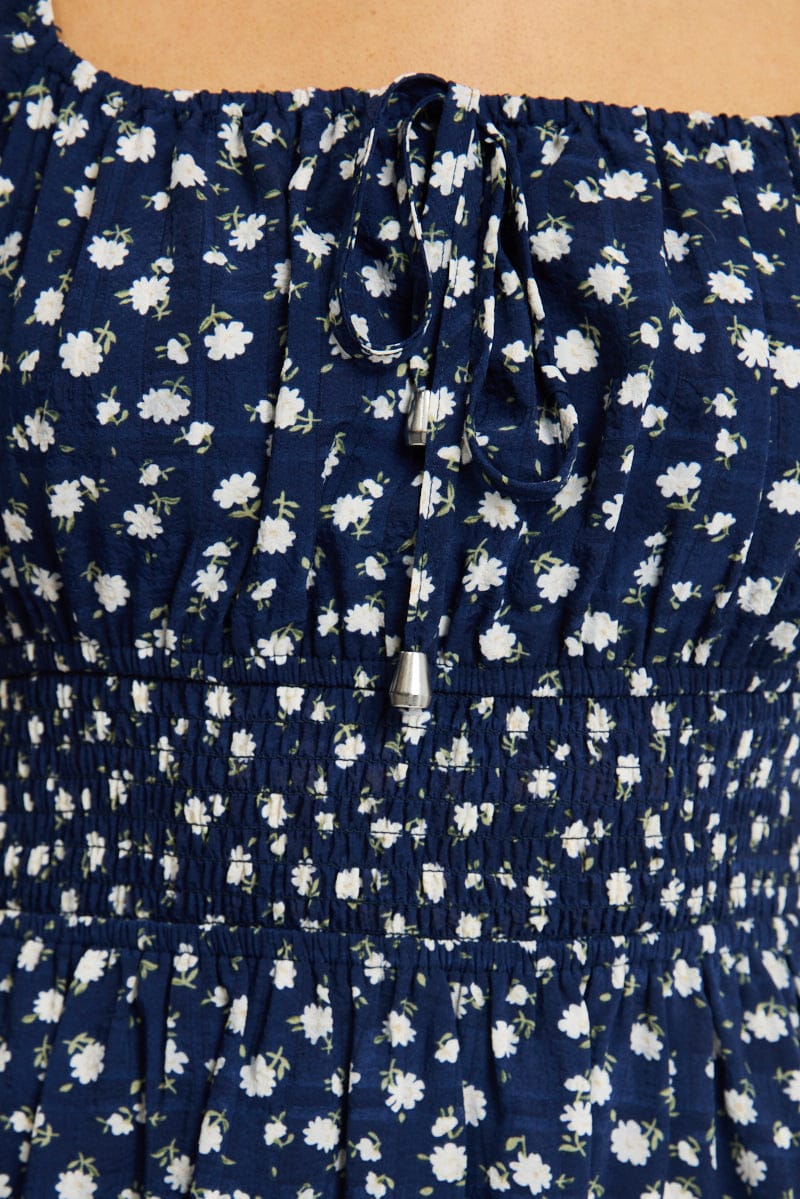 Blue Floral Fit And Flare Dress Puff Sleeve for Ally Fashion