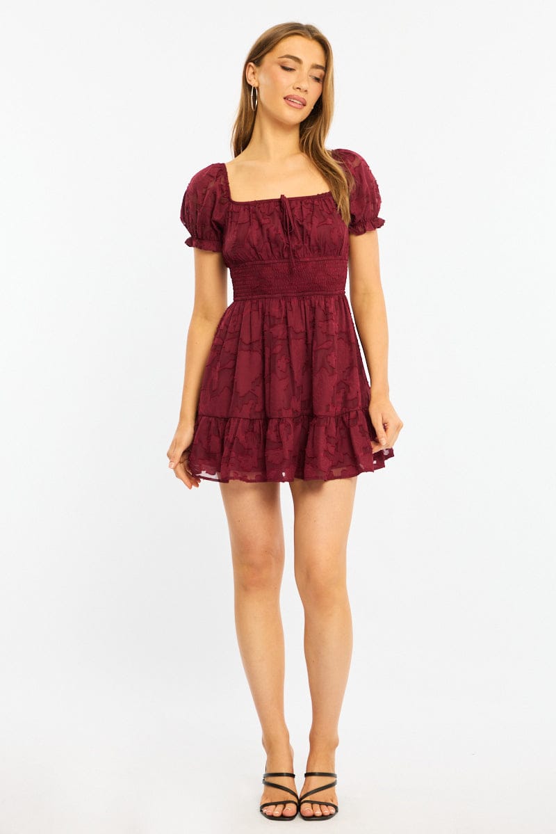 Red Fit And Flare Dress Puff Sleeve for Ally Fashion