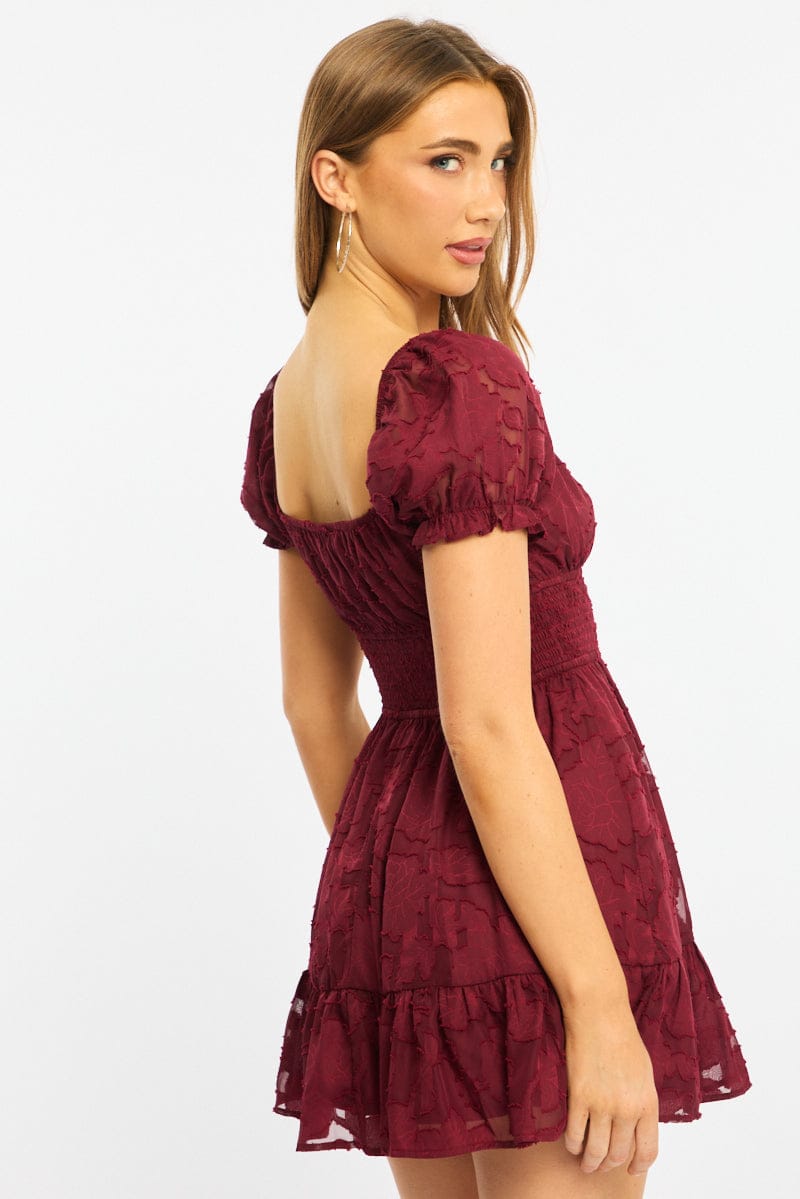 Red Fit And Flare Dress Puff Sleeve | Ally Fashion Red Fit And Flare Dress Puff Sleeve | Ally Fashion