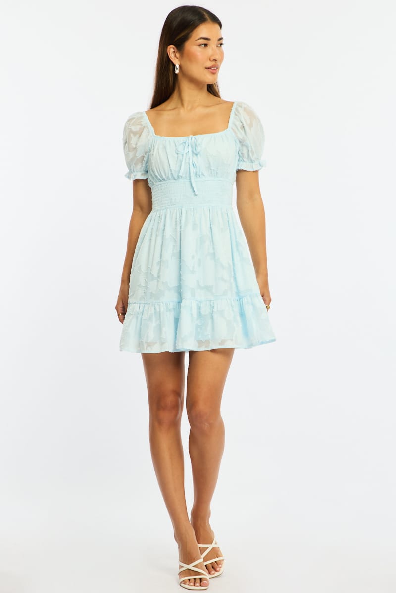 Blue Fit And Flare Dress Puff Sleeve for Ally Fashion