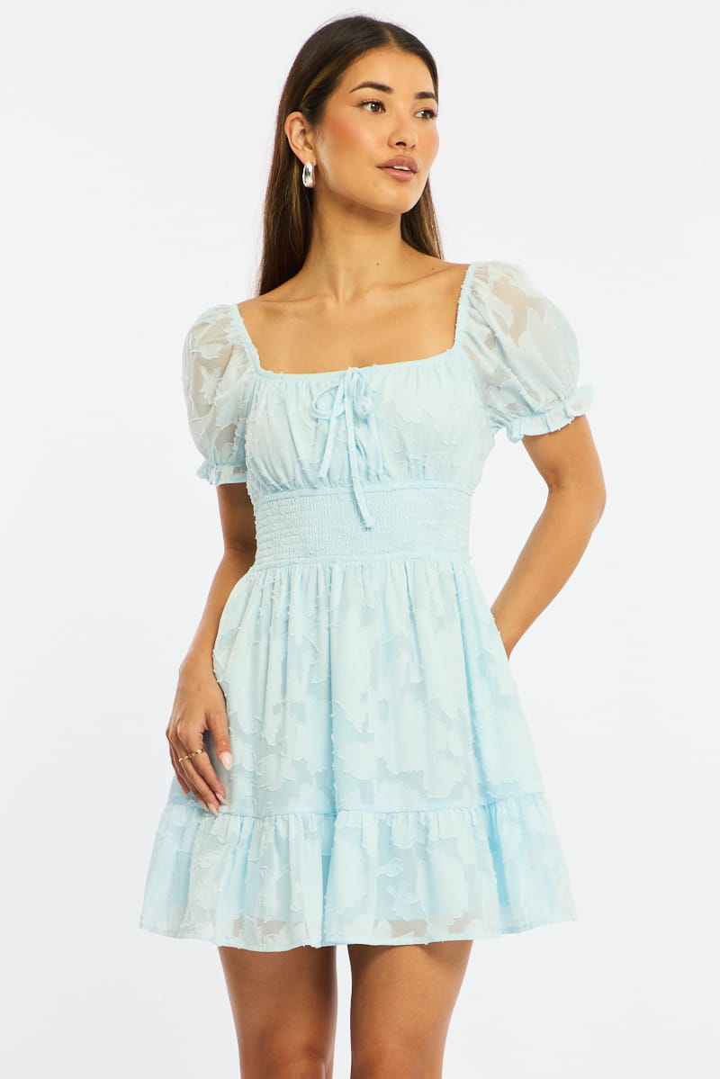 Blue Fit And Flare Dress Puff Sleeve | Ally Fashion Blue Fit And Flare Dress Puff Sleeve | Ally Fashion