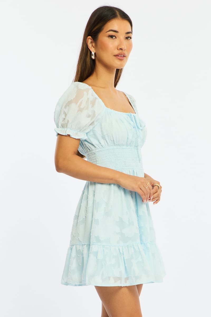 Blue Fit And Flare Dress Puff Sleeve for Ally Fashion