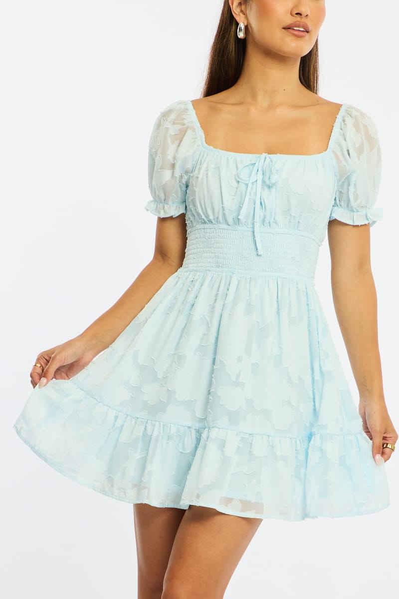 Blue Fit And Flare Dress Puff Sleeve for Ally Fashion