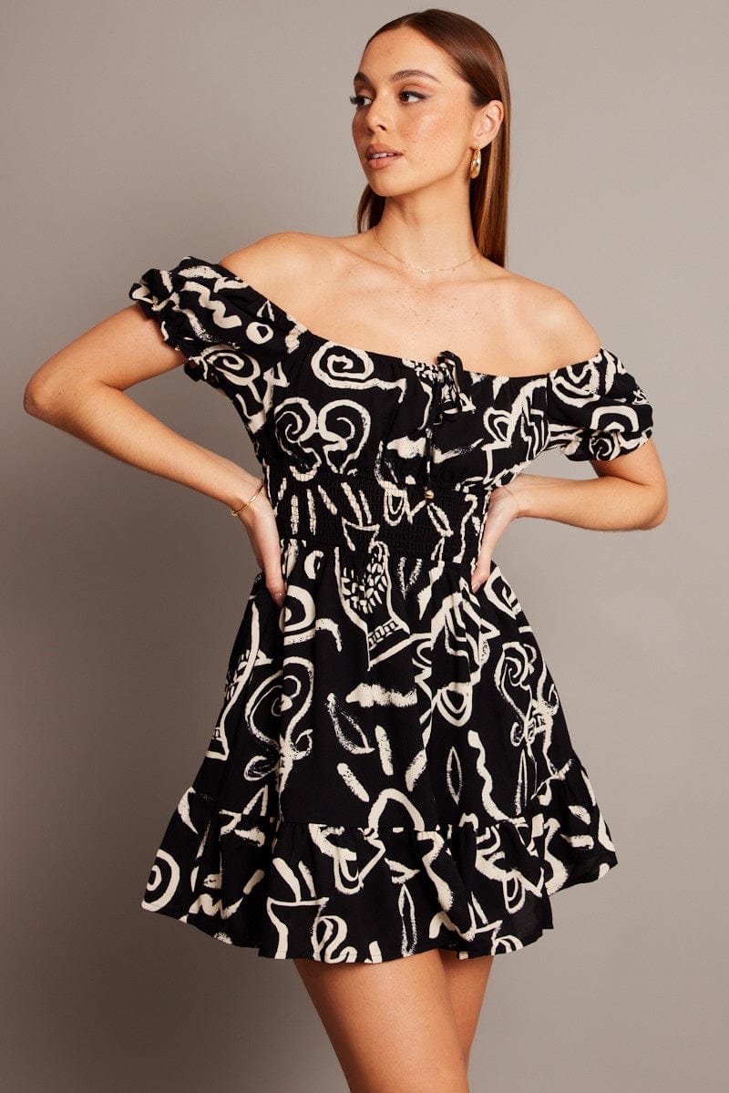 Black Abstract Fit And Flare Dress Mini for Ally Fashion