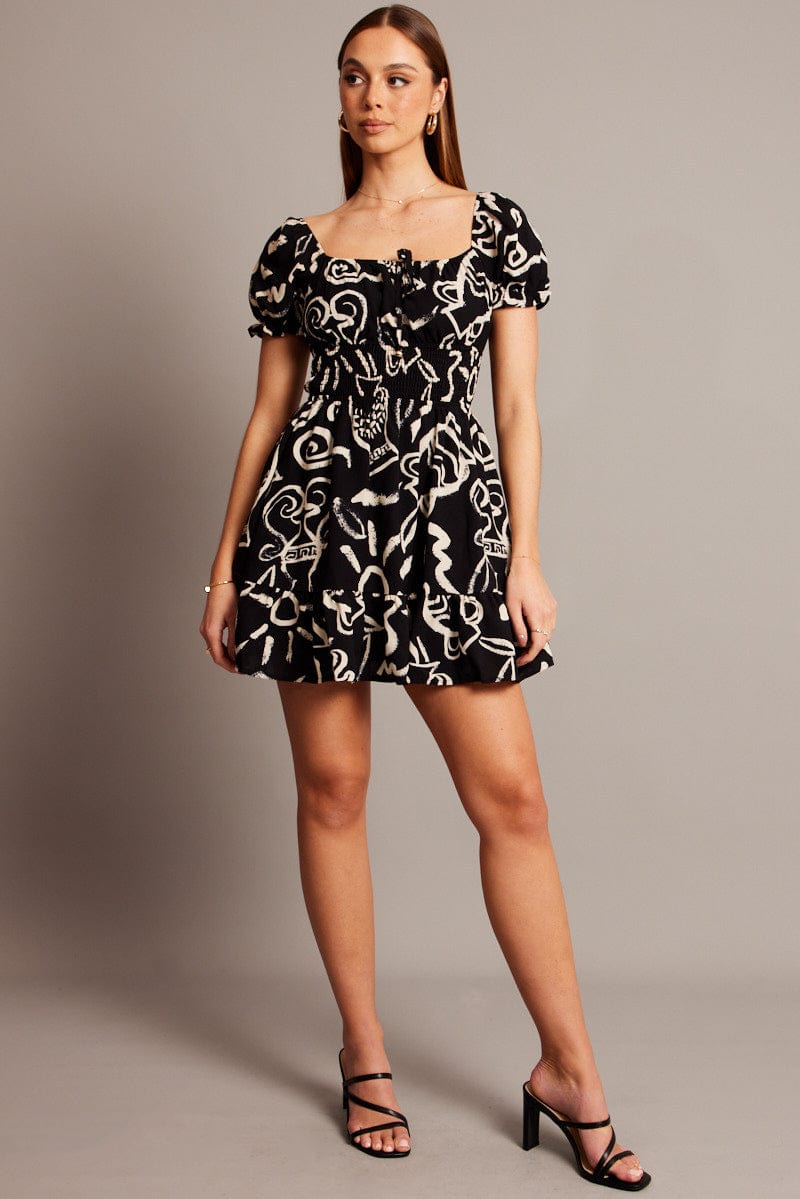 Black Abstract Fit And Flare Dress Mini for Ally Fashion