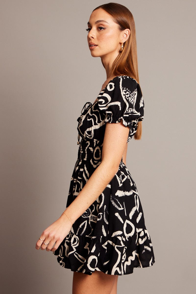 Black Abstract Fit And Flare Dress Mini for Ally Fashion