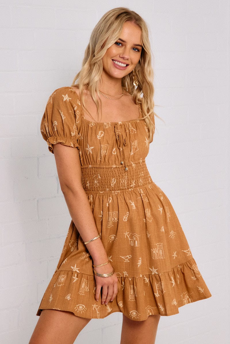 brown fit and flare mini dress Waist Long Sleeve Fit and Flare Mini Dress Small / Camel