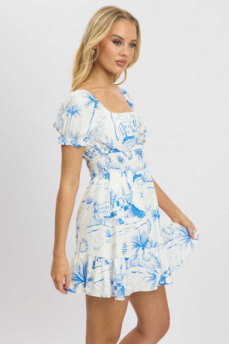 Blue Abstract Fit And Flare Dress Mini | Ally Fashion Blue Abstract Fit And Flare Dress Mini | Ally Fashion