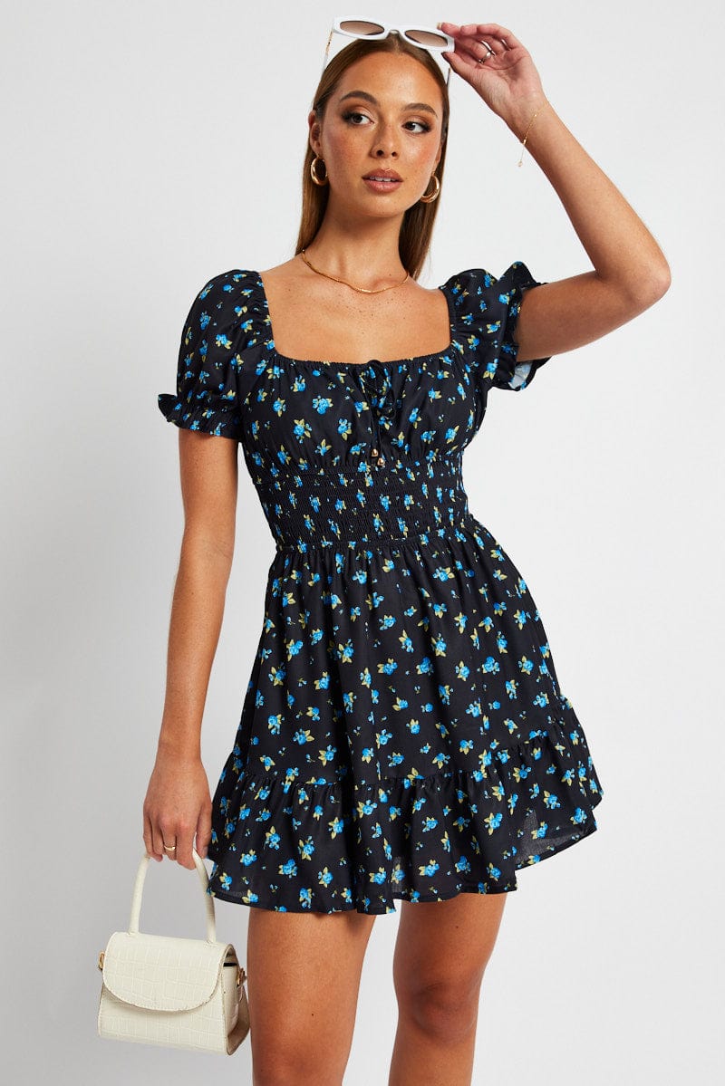 Blue Floral Fit And Flare Dress Puff Sleeve Mini for Ally Fashion