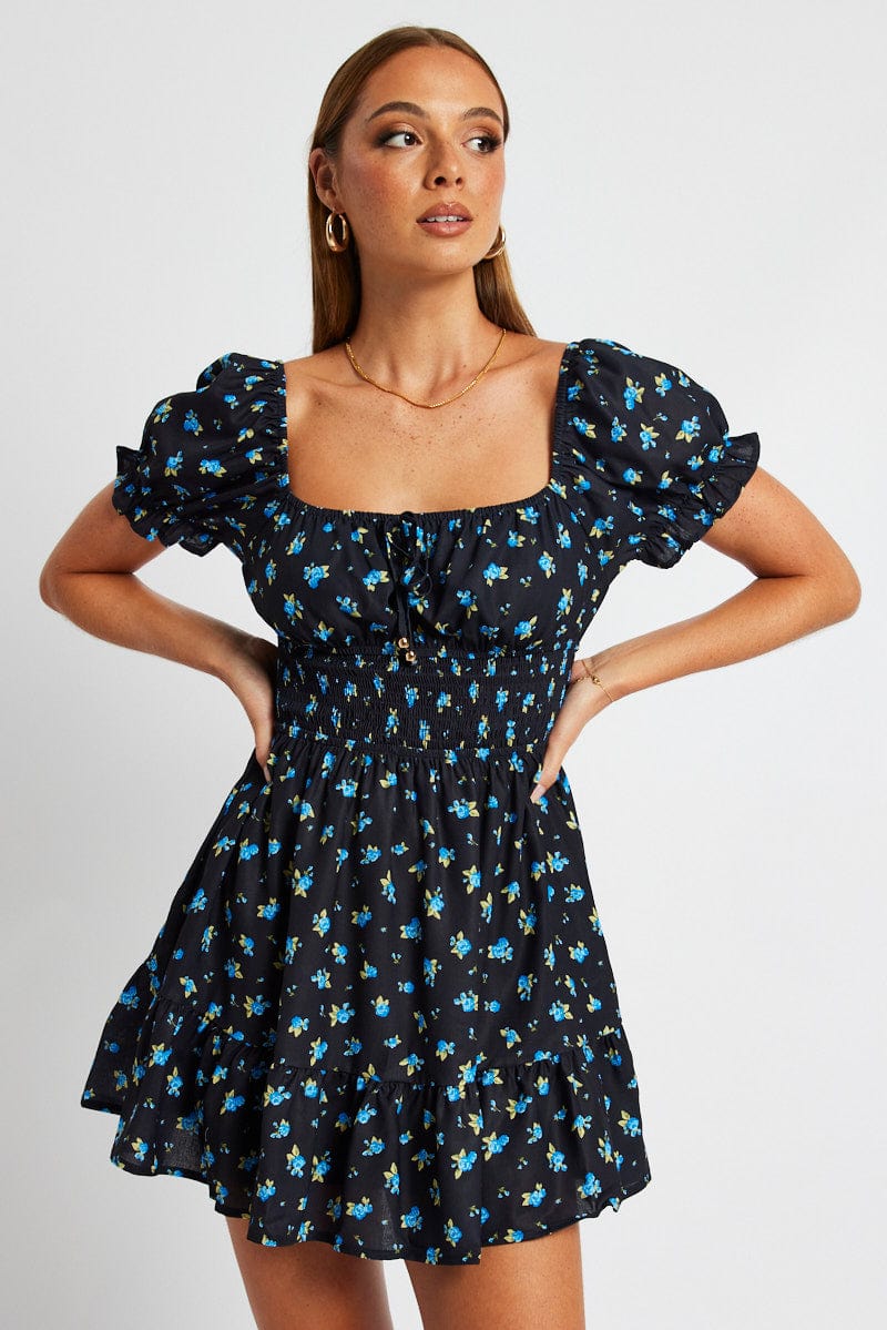 Blue Floral Fit And Flare Dress Puff Sleeve Mini for Ally Fashion