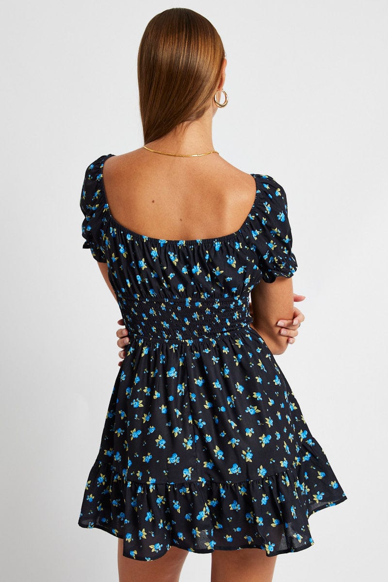 Blue Floral Fit And Flare Dress Puff Sleeve Mini for Ally Fashion