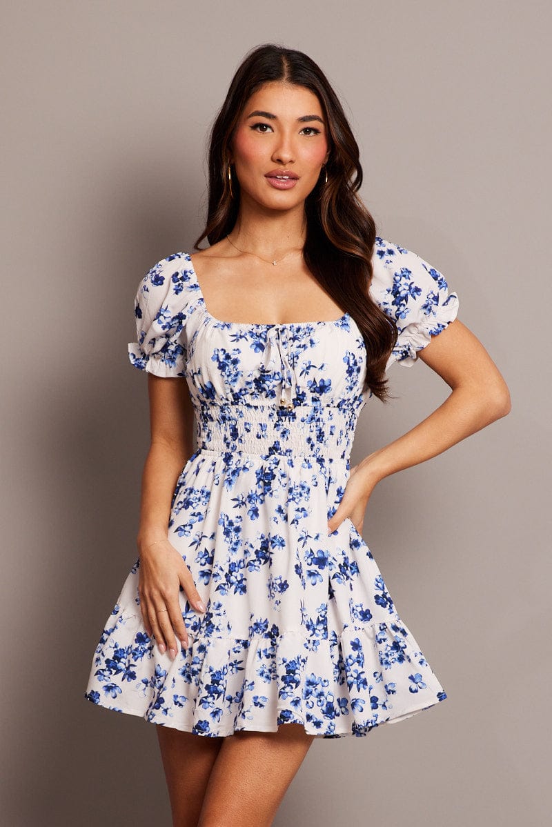 White Floral Fit And Flare Dress Puff Sleeve Mini for Ally Fashion