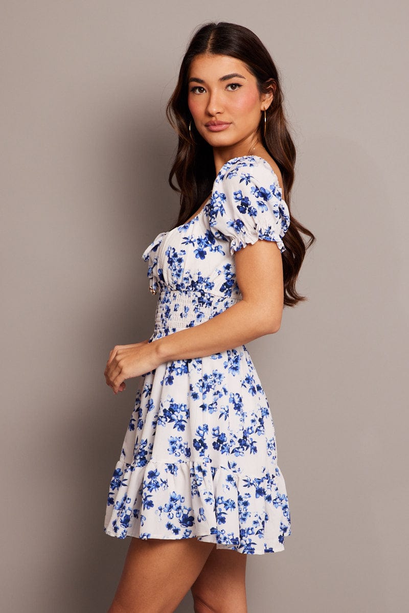 White Floral Fit And Flare Dress Puff Sleeve Mini for Ally Fashion