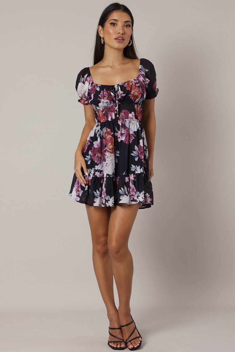 Black Floral Fit And Flare Dress Puff Sleeve Mini for Ally Fashion