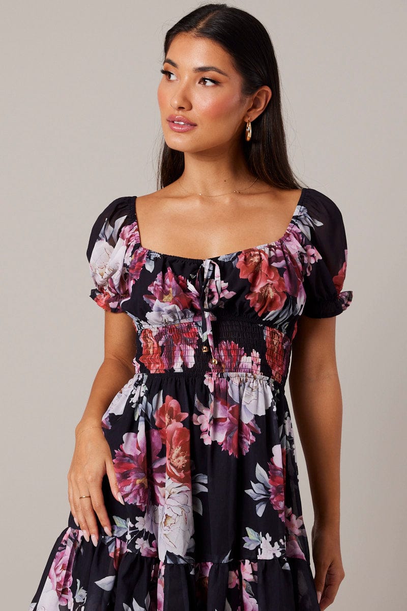 Black Floral Fit And Flare Dress Puff Sleeve Mini for Ally Fashion