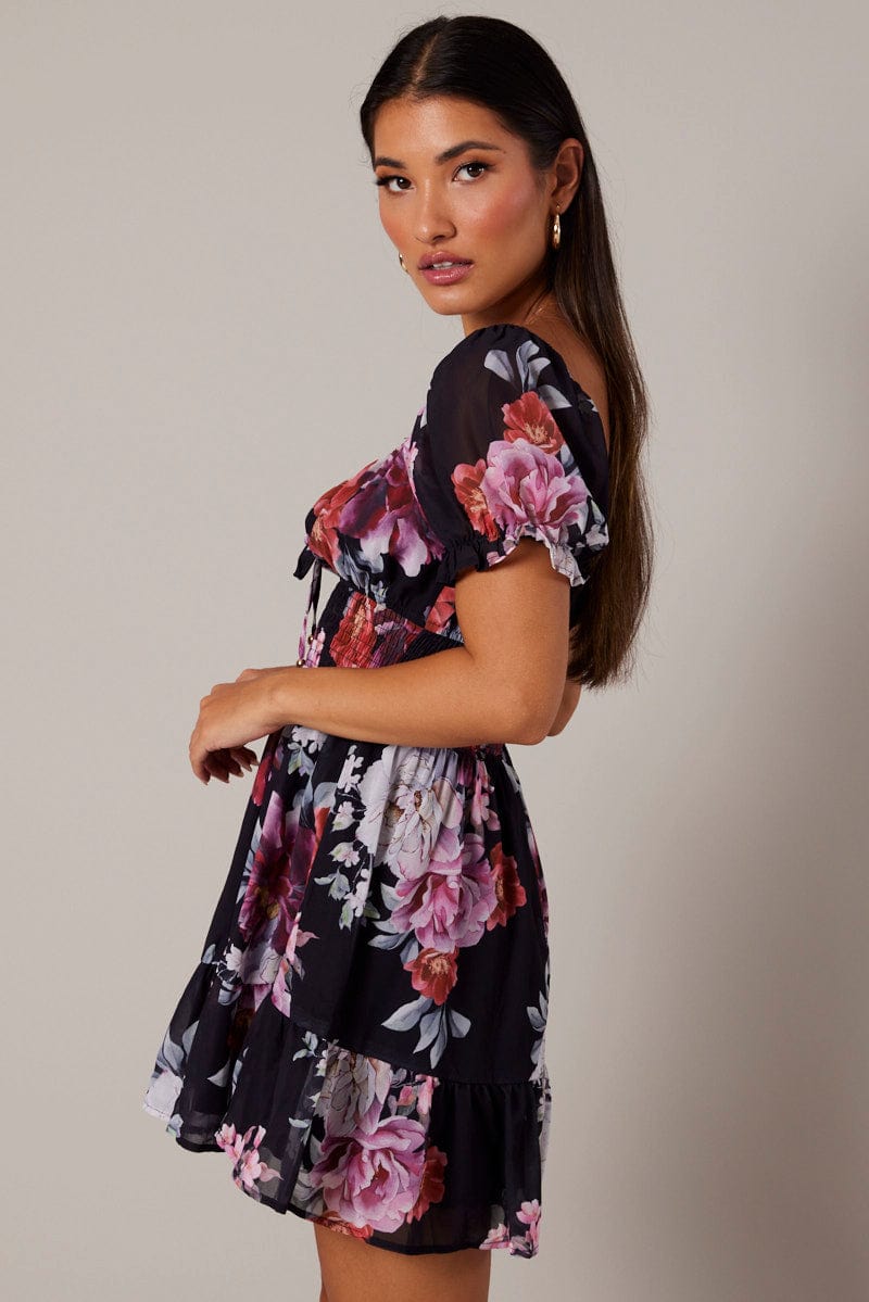 Black Floral Fit And Flare Dress Puff Sleeve Mini for Ally Fashion