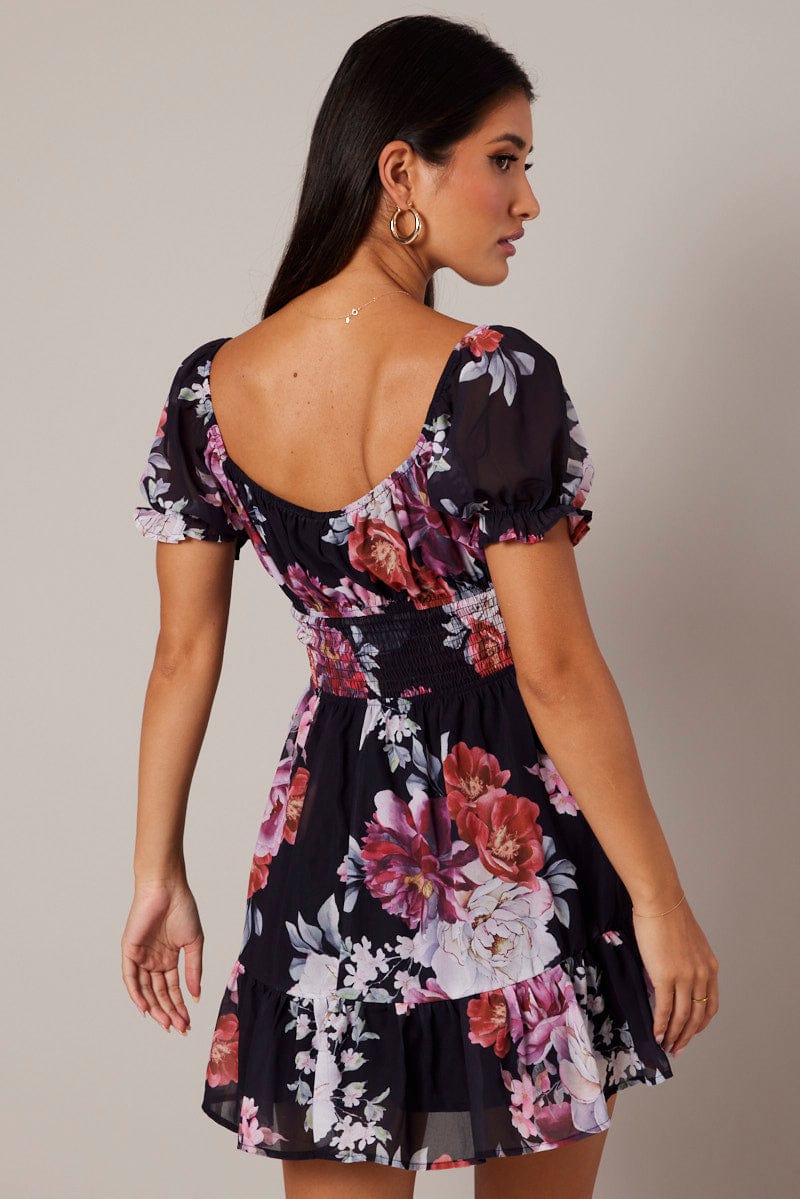 Black Floral Fit And Flare Dress Puff Sleeve Mini for Ally Fashion