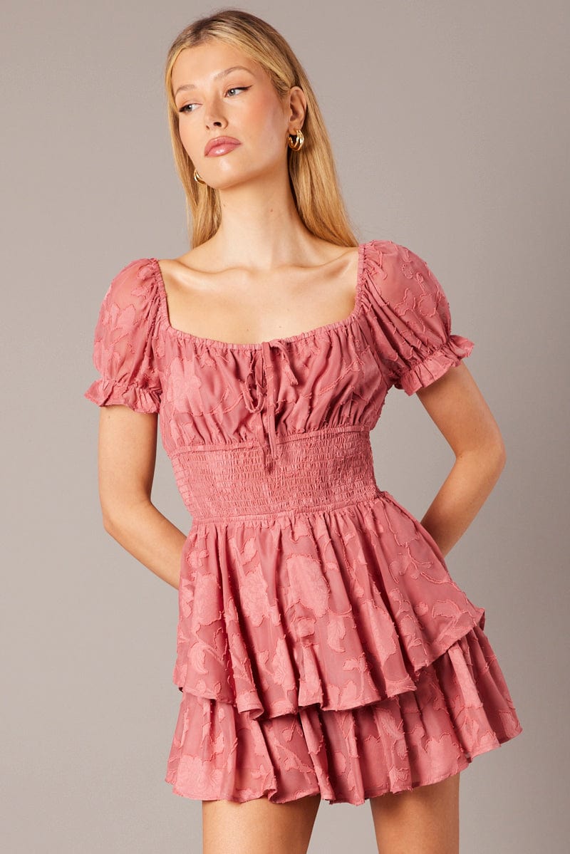 Pink Ruffle Playsuit Short Sleeve Ruched Bust for Ally Fashion