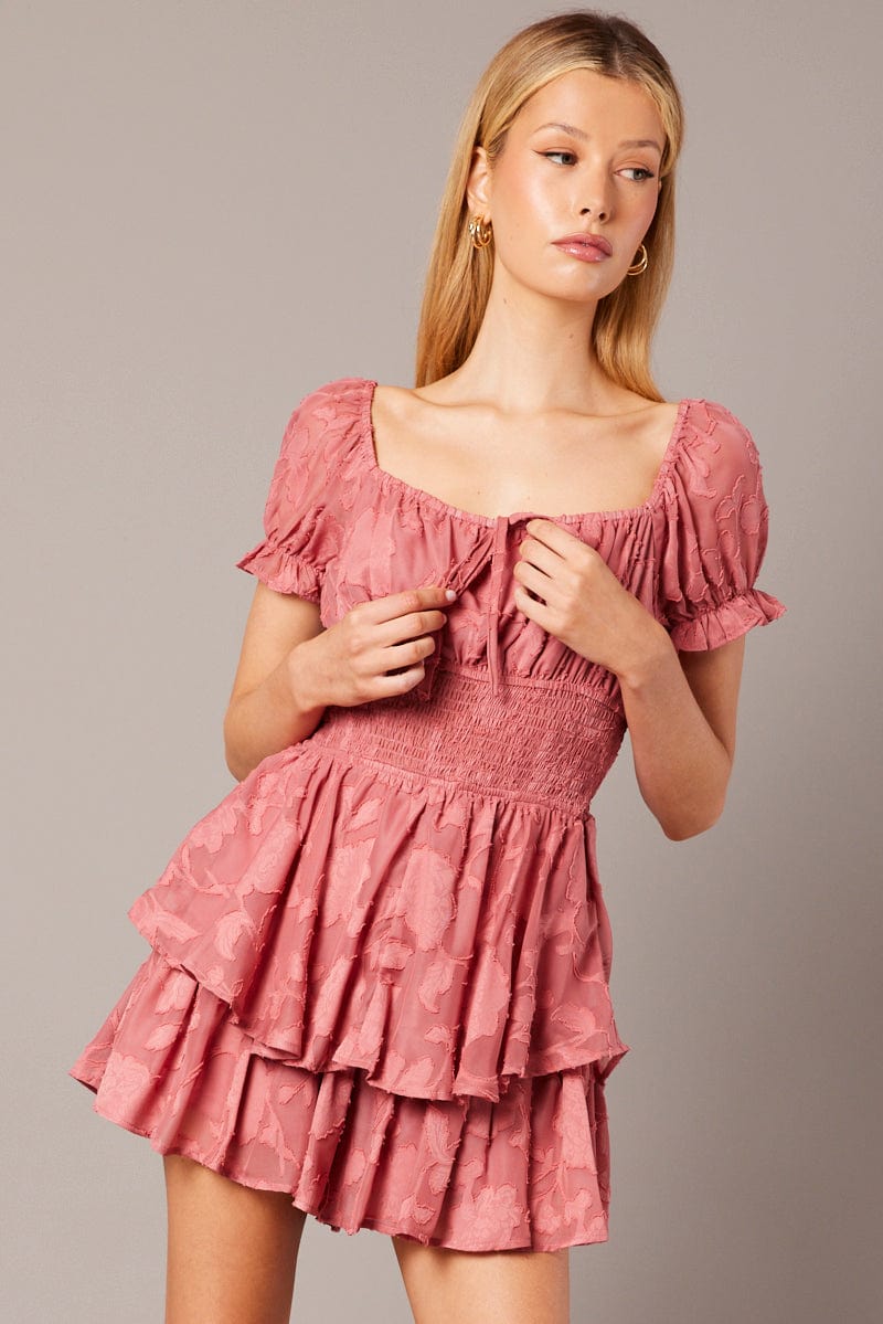 Pink Ruffle Playsuit Short Sleeve Ruched Bust for Ally Fashion