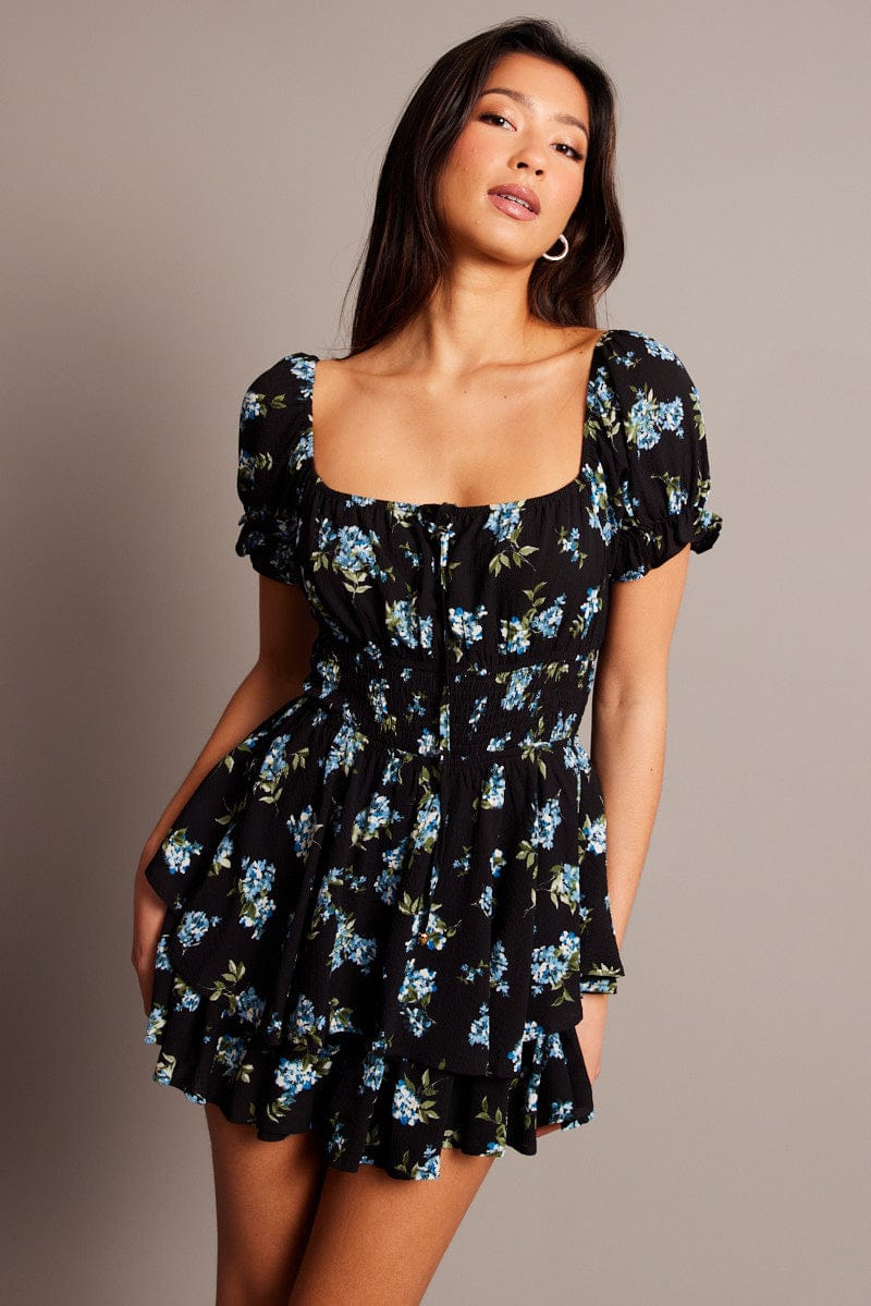 Black Floral Ruffle Playsuit Short Sleeve Ruched Bust for Ally Fashion