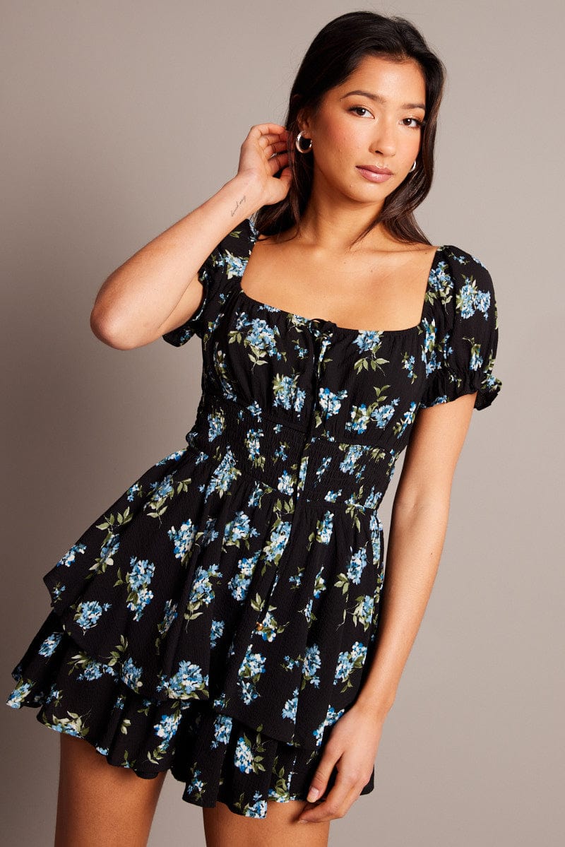 Black Floral Ruffle Playsuit Short Sleeve Ruched Bust for Ally Fashion