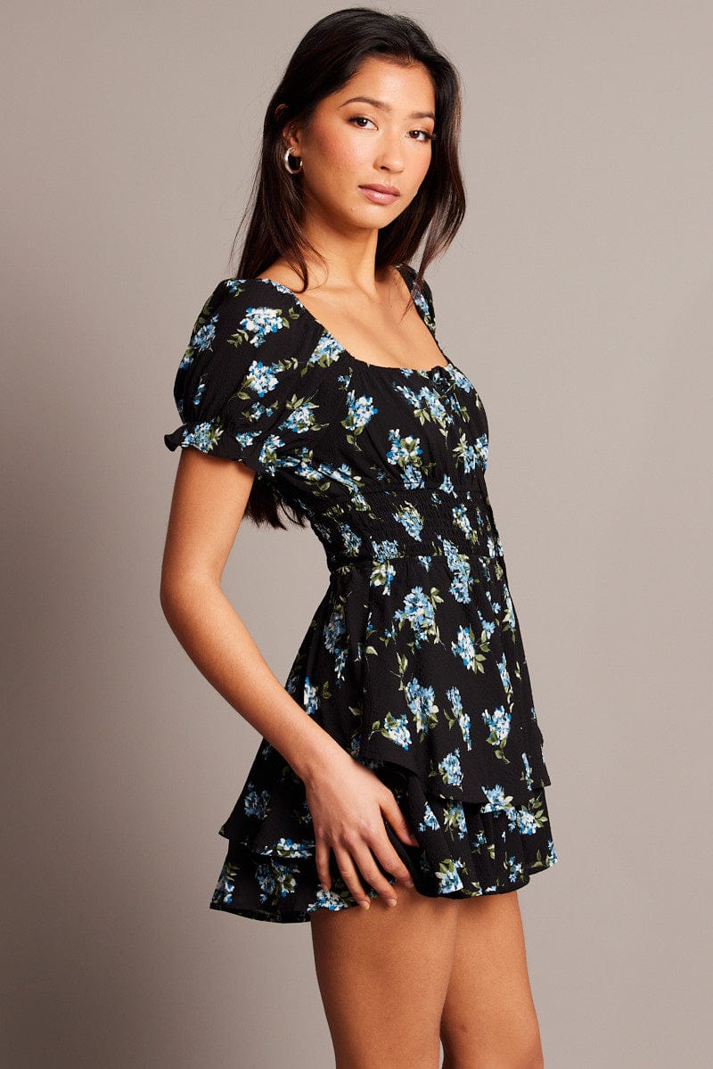 Black Floral Ruffle Playsuit Short Sleeve Ruched Bust for Ally Fashion