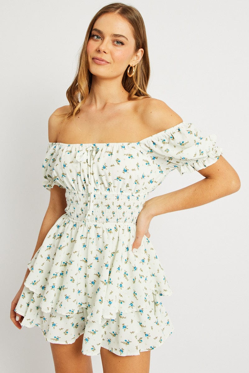 White Ditsy Ruffle Playsuit Short Sleeve Ruched Bust for Ally Fashion