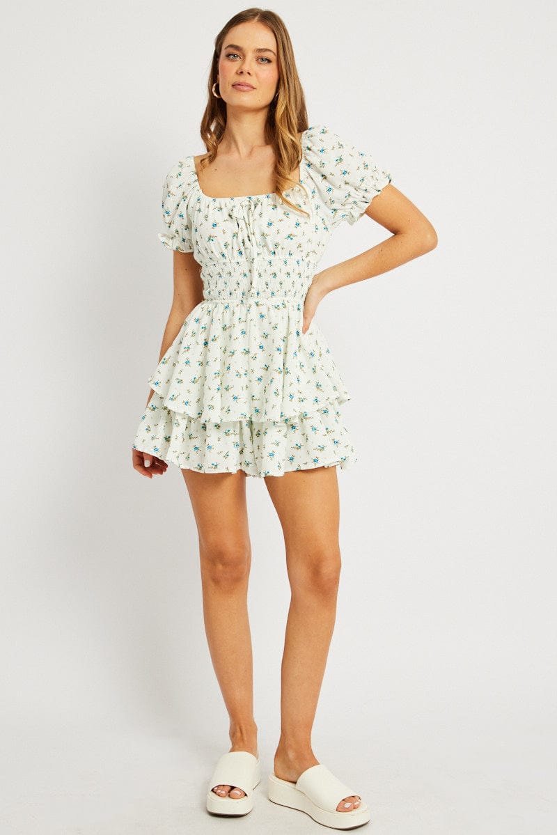 White Ditsy Ruffle Playsuit Short Sleeve Ruched Bust for Ally Fashion