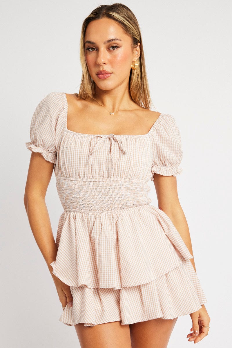 Beige Check Ruffle Playsuit Short Sleeve Ruched Bust for Ally Fashion