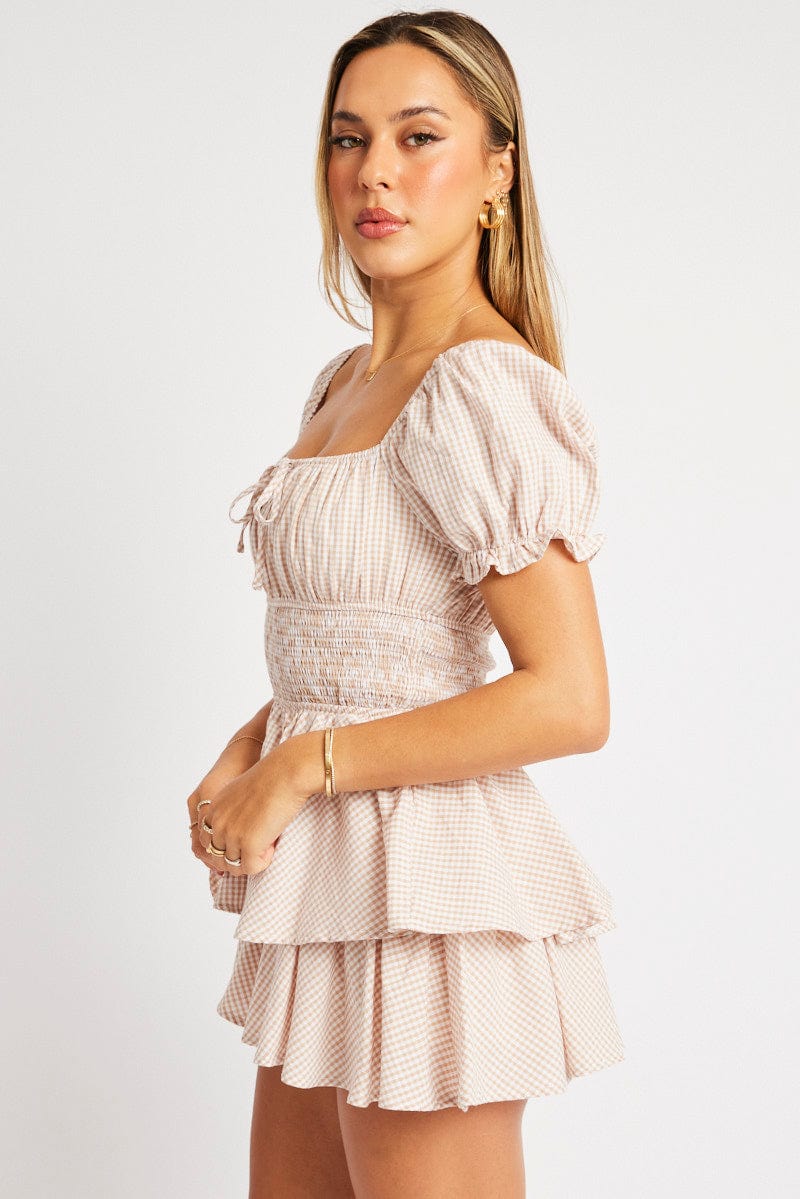 Beige Check Ruffle Playsuit Short Sleeve Ruched Bust for Ally Fashion